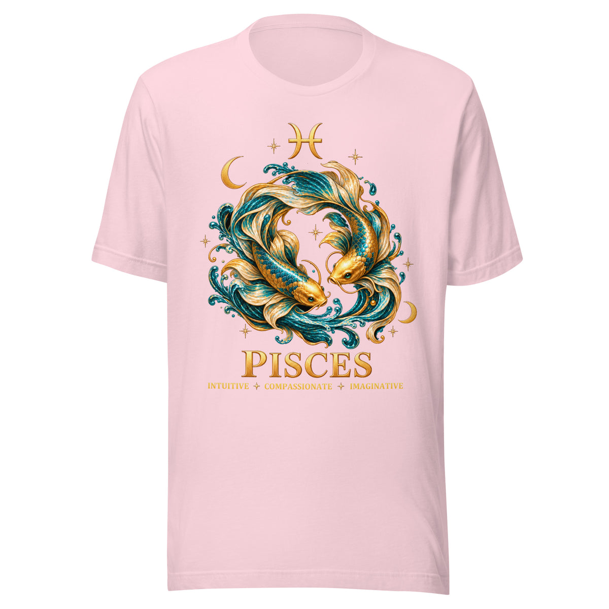 Pisces zodiac t-shirt in soft pink, front: two gold and teal koi in a night sky of gold stars with the Pisces glyph