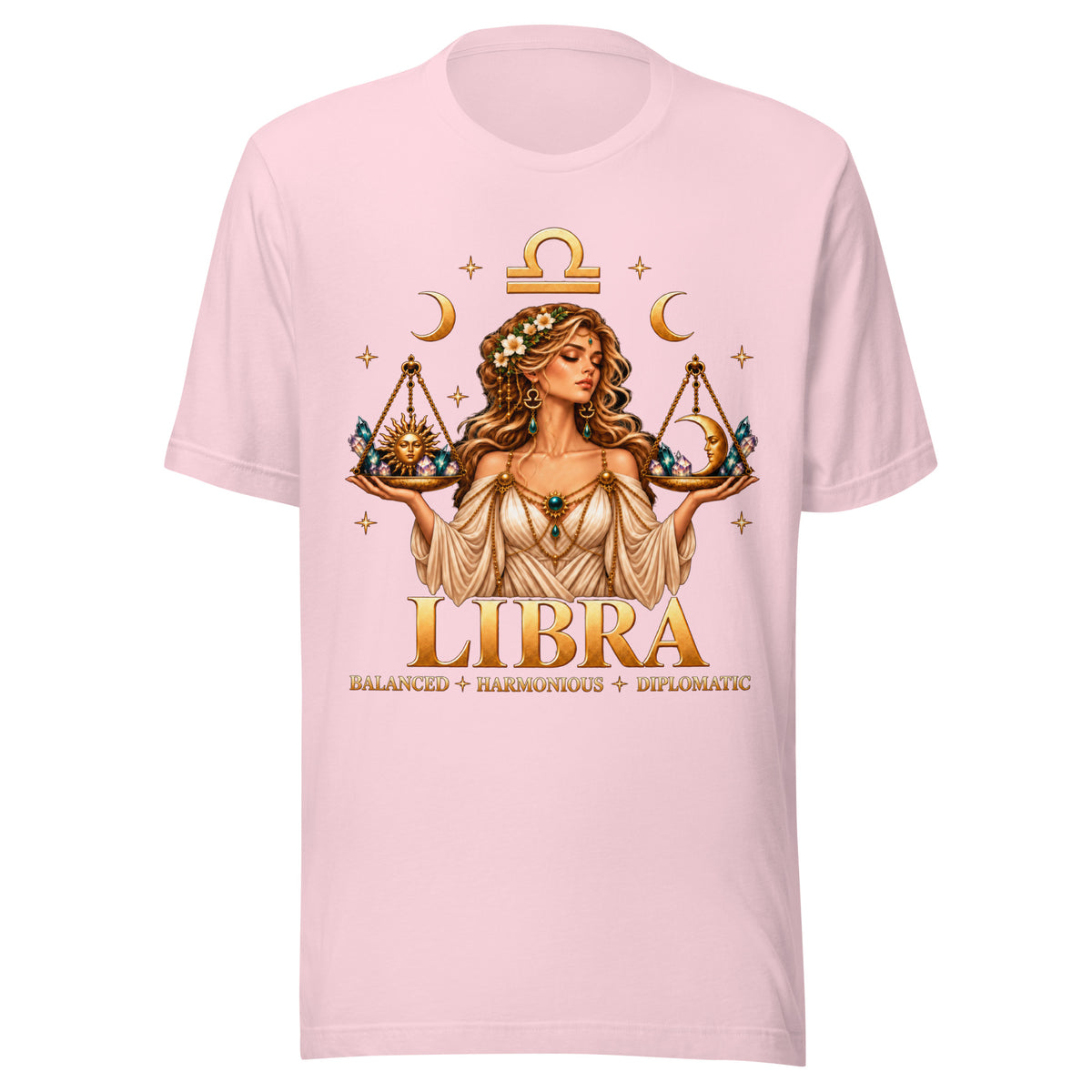 Libra zodiac t-shirt in soft pink, front: a woman holding golden scales in a night sky of gold stars with the Libra glyph
