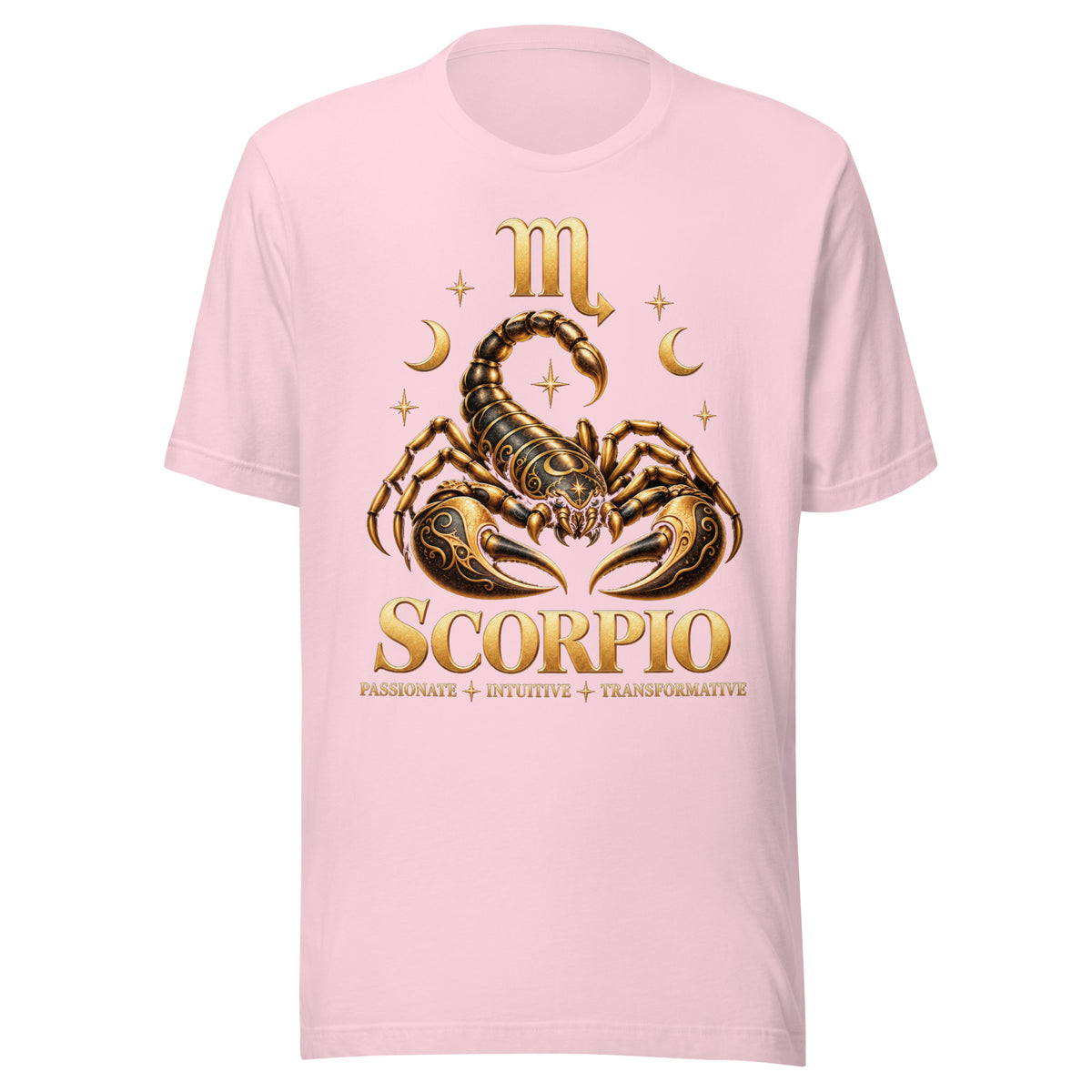 Scorpio zodiac t-shirt in soft pink, front: a golden scorpion in a night sky of gold stars with the Scorpio glyph