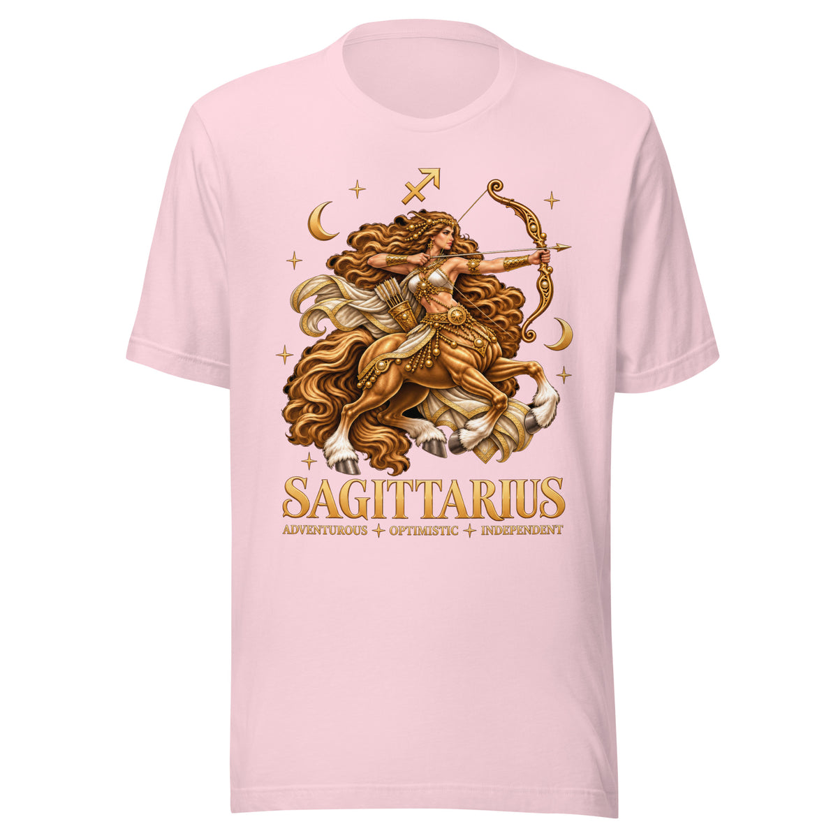 Sagittarius zodiac t-shirt in soft pink, front: a golden centaur archer in a night sky of gold stars with the Sagittarius glyph