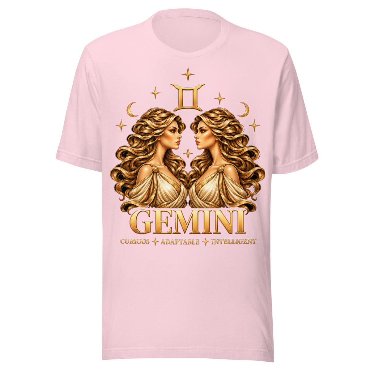 Gemini zodiac t-shirt in soft pink, front: golden twins face to face in a night sky of gold stars