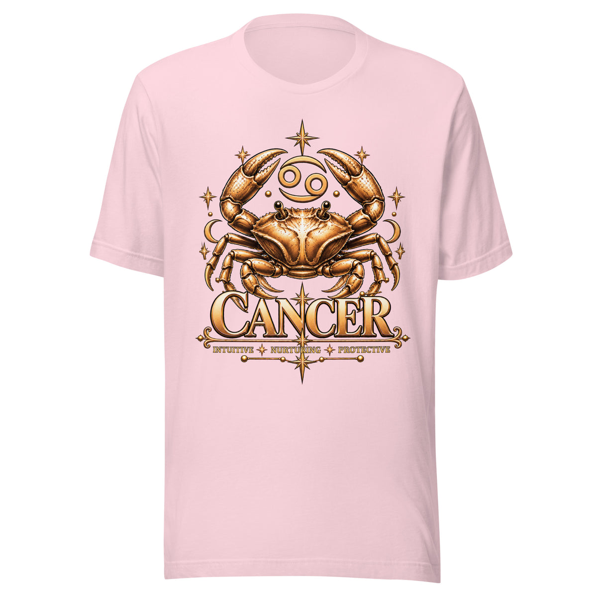 Cancer zodiac t-shirt in soft pink, front: a golden crab with claws raised in a night sky of gold stars