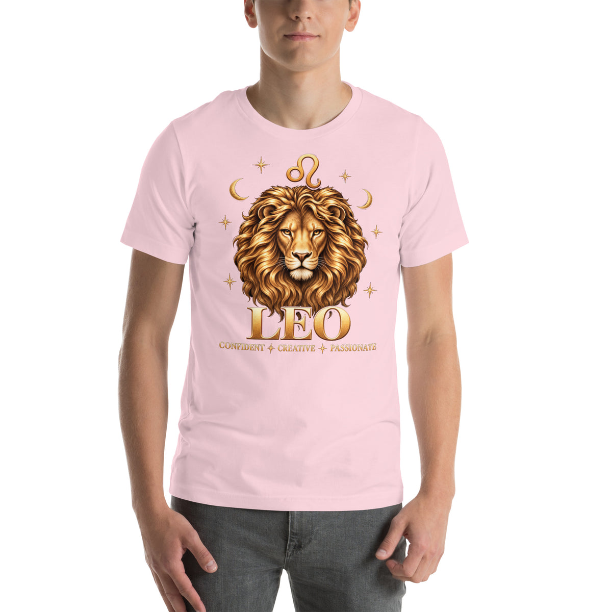 Leo zodiac t-shirt in soft pink, front: a golden lion with a full flowing mane in a night sky of gold stars