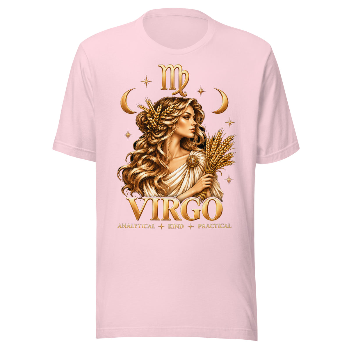 Virgo zodiac t-shirt in soft pink, front: a golden maiden holding a sheaf of wheat in a night sky of gold stars