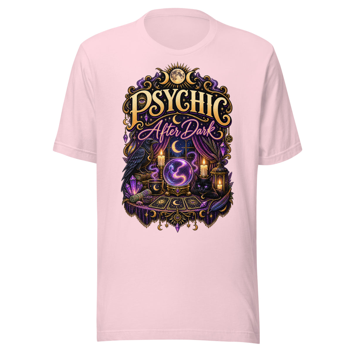 Psychic After Dark neon design, a black cat with a crystal ball, tarot cards and books, on a soft pink unisex t-shirt, front view