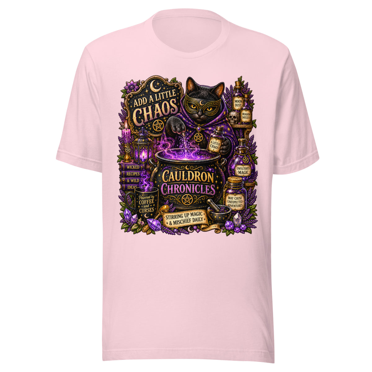 Add A Little Chaos design, a masked black cat stirring a bubbling purple cauldron, on a soft pink unisex t-shirt, front view