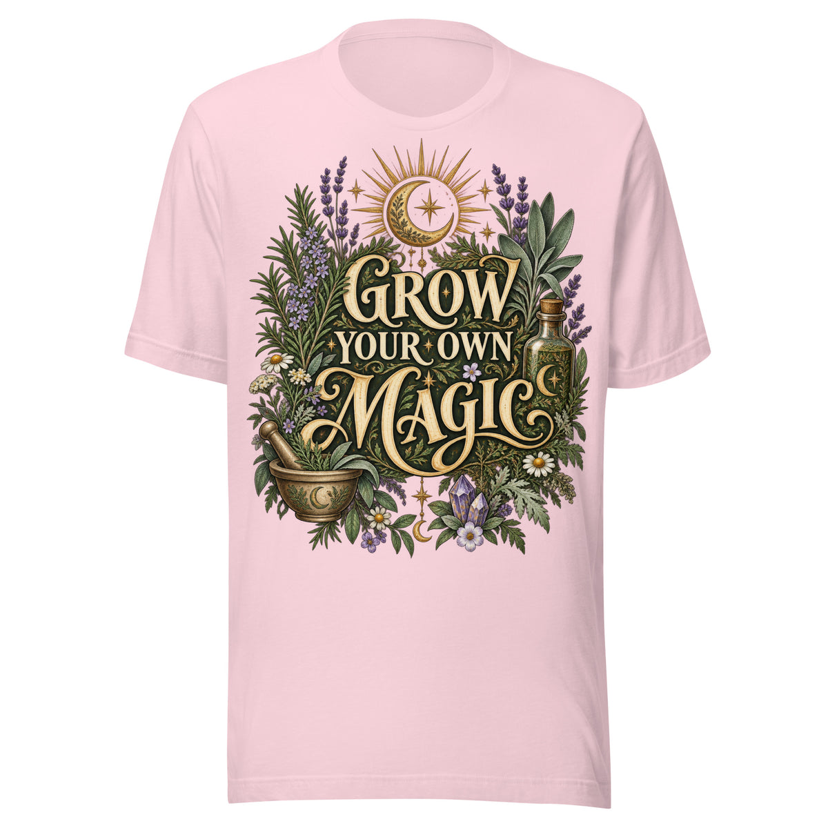 Grow Your Own Magic herbology design, herbs and a golden moon, on a soft pink unisex t-shirt, front view