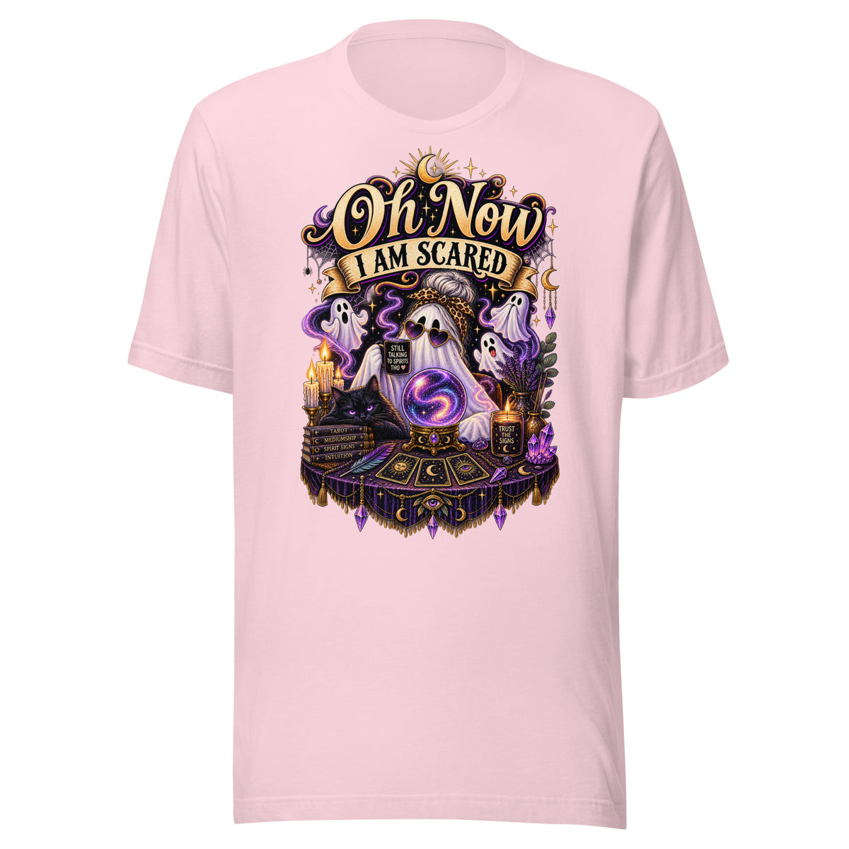 Oh Now I Am Scared design, a ghost in heart sunglasses reading a crystal ball with tarot cards, on a soft pink unisex t-shirt, front view