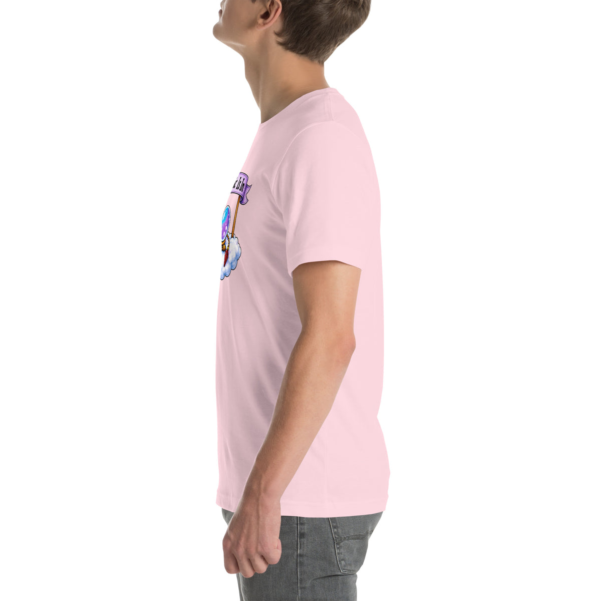 Psychic Is In design, playful floating clouds beneath a banner that reads Psychic Is Open for Business, on a soft pink unisex t-shirt, left side view