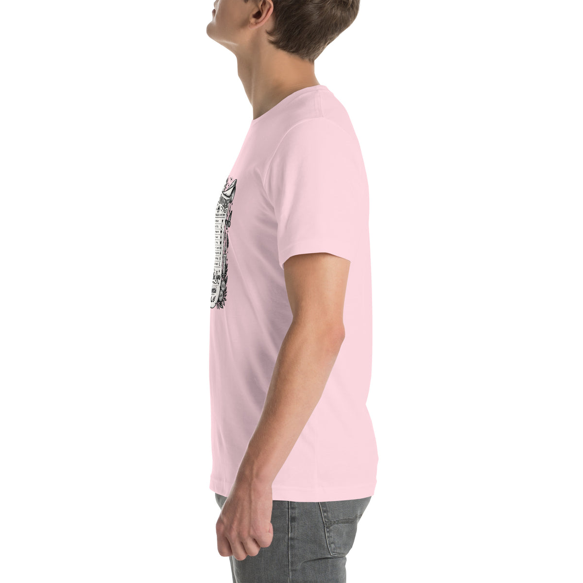 Trust the Signs design, a receipt from the Universe listing the angel numbers and their meanings, with a crystal ball and a candle, on a soft pink unisex t-shirt, left side view
