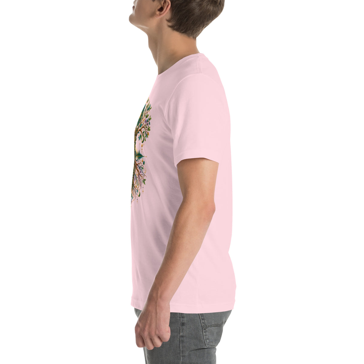 Grounded in Divine Energy design, on a soft pink unisex t-shirt, left side view