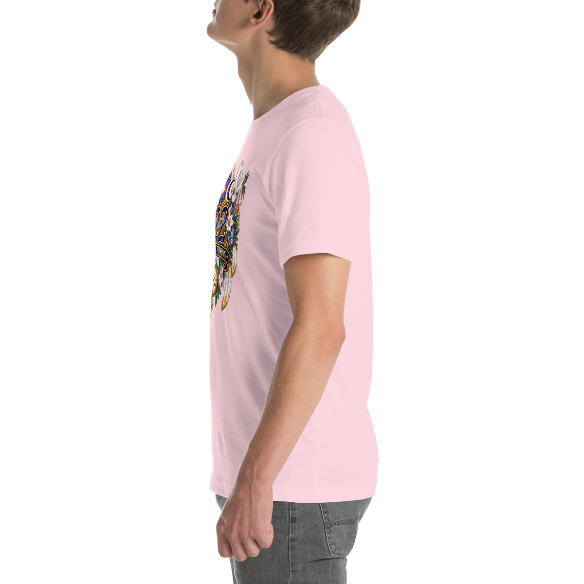 222 Trust The Timing angel number design, two white doves with olive branches, a gold pocket watch and white feathers, on a soft pink unisex t-shirt, left side view