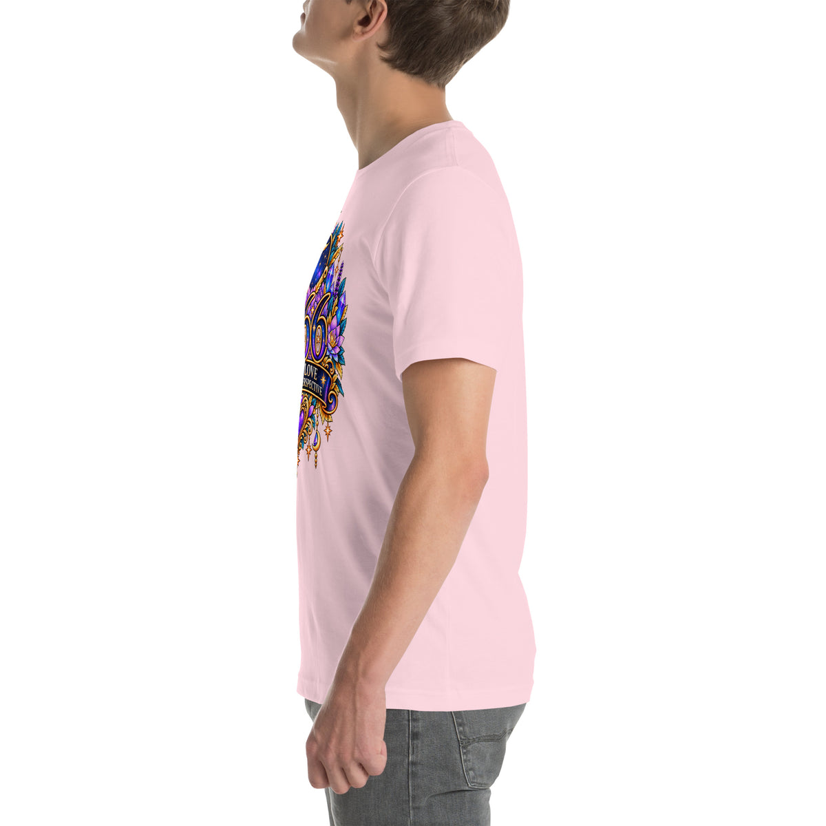 666 More Love angel number design, a crescent moon over a starry orb, with purple lotus flowers and blue crystals, on a soft pink unisex t-shirt, left side view