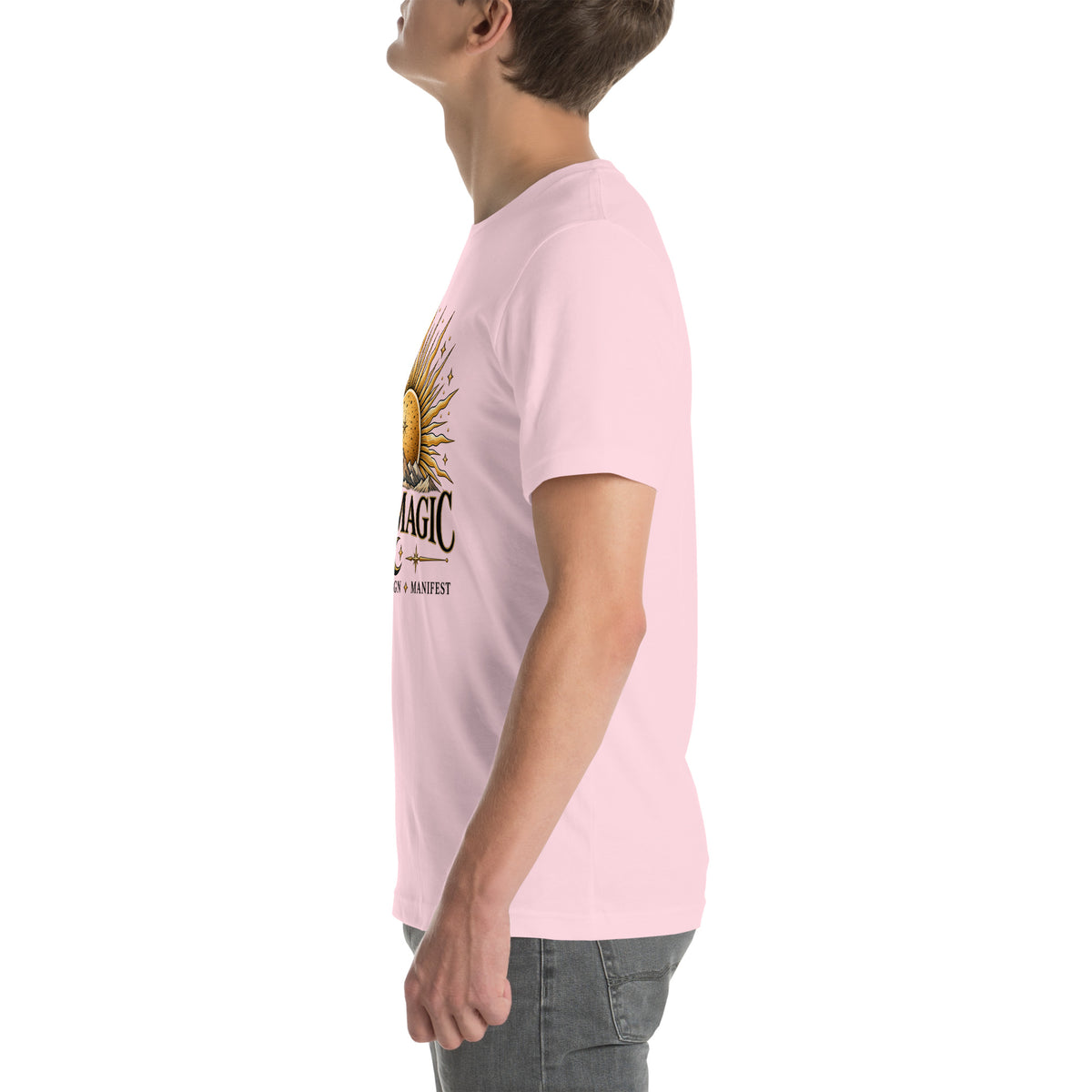 I Am Magic design with a gold sun face, Be Magical collection, on a soft pink unisex t-shirt, left side view