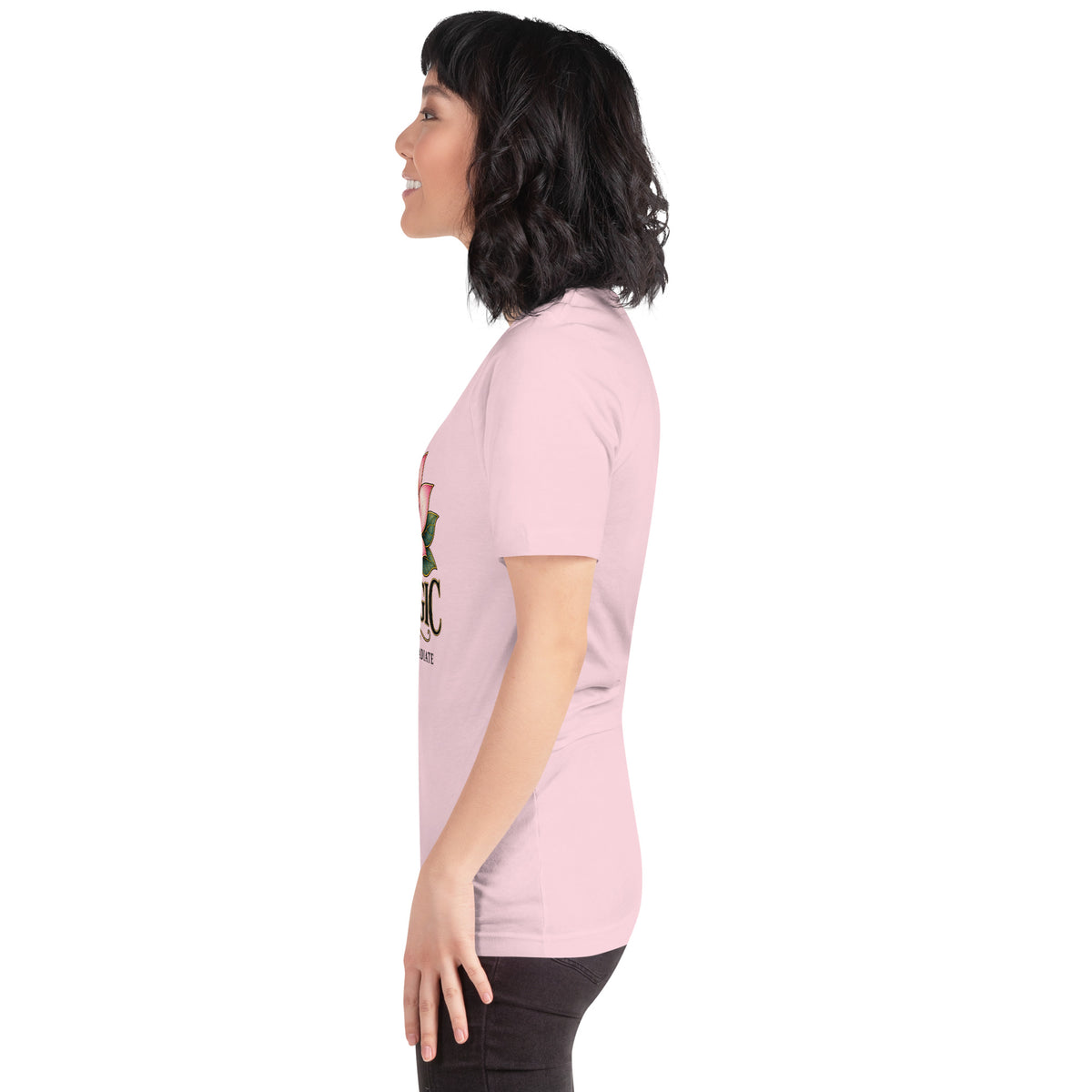 I Am Magic design with a gold lotus, Be Magical collection, on a soft pink unisex t-shirt, left side view