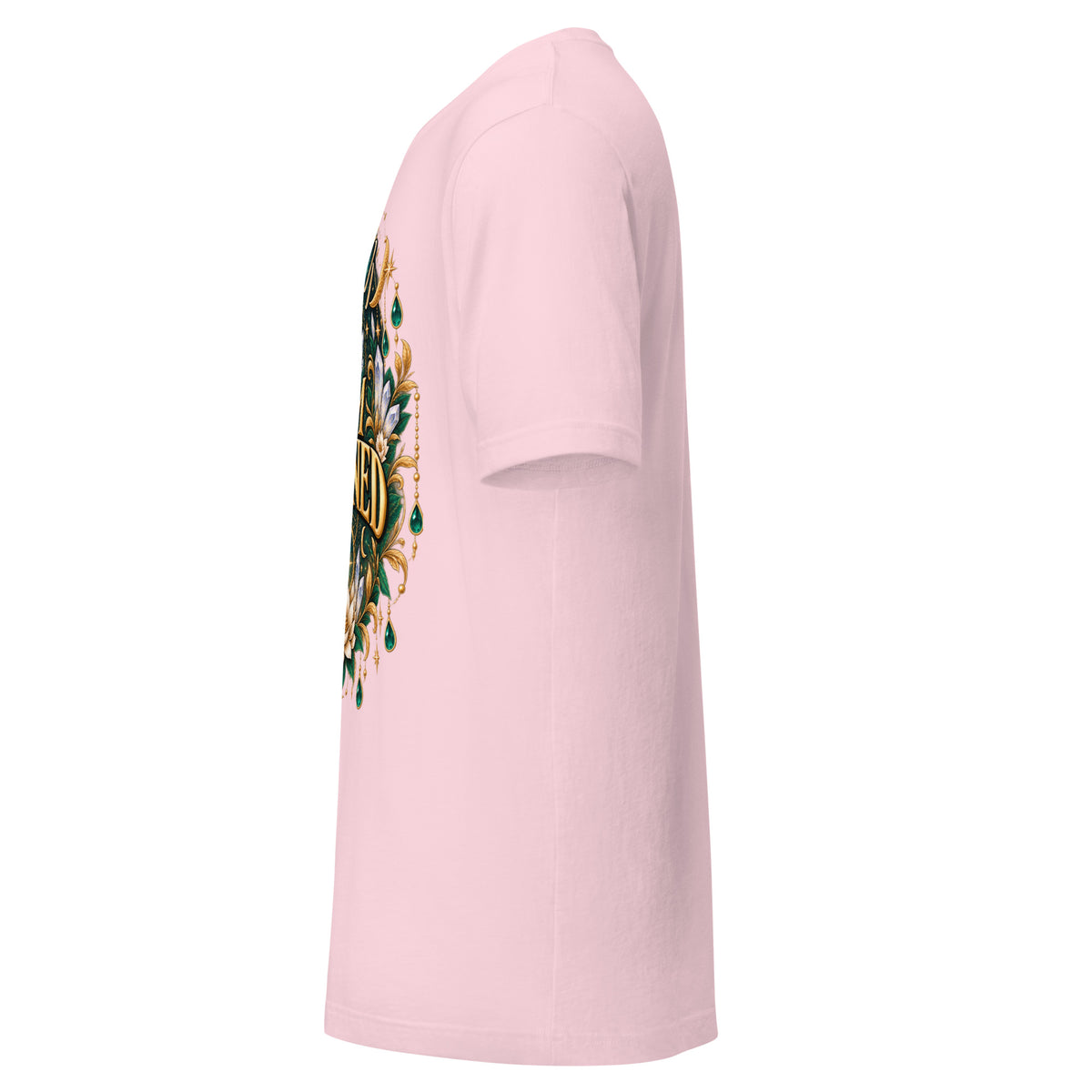 I Am Aligned affirmation design with a lotus, quartz and moon phases in gold, on a soft pink unisex t-shirt, left side view