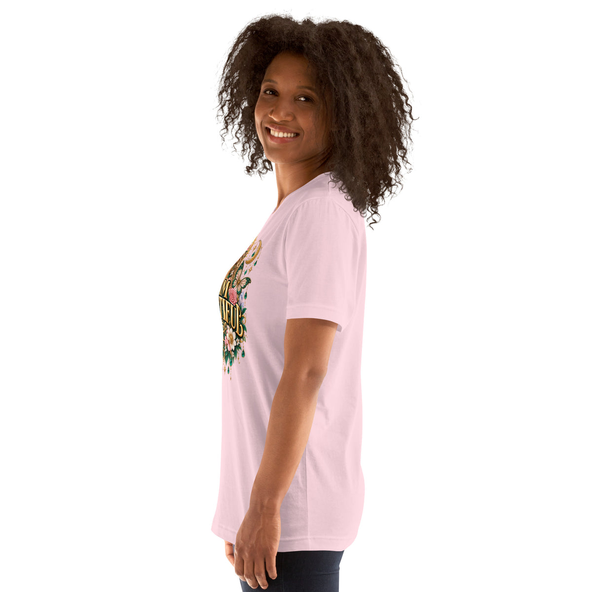 I Am Beautiful affirmation design with roses, butterflies and twin crescents in gold, on a soft pink unisex t-shirt, left side view