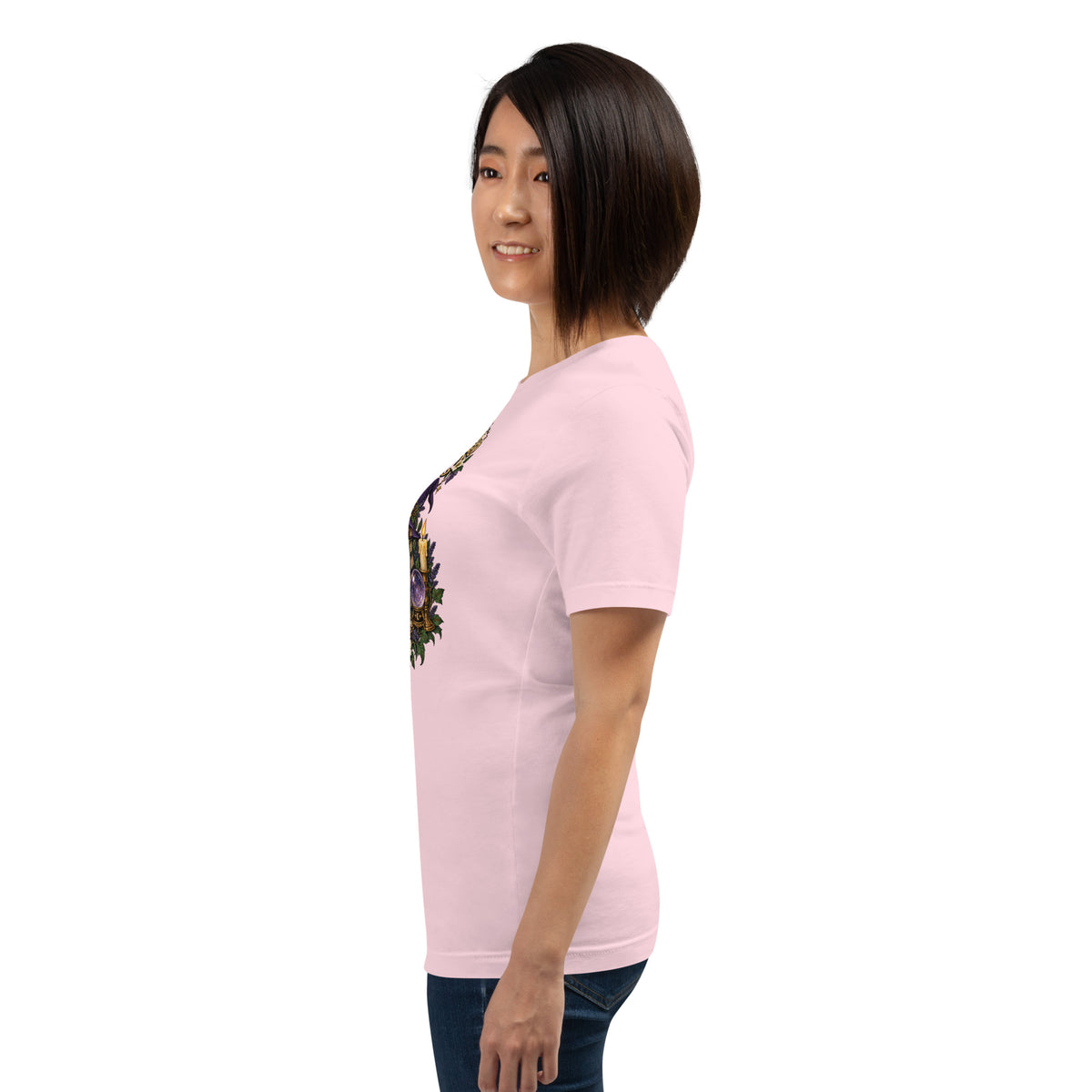 My Book Club Has A Coven Problem dark academia design, a witchy black cat and a stack of spellbooks, on a soft pink unisex t-shirt, left side view