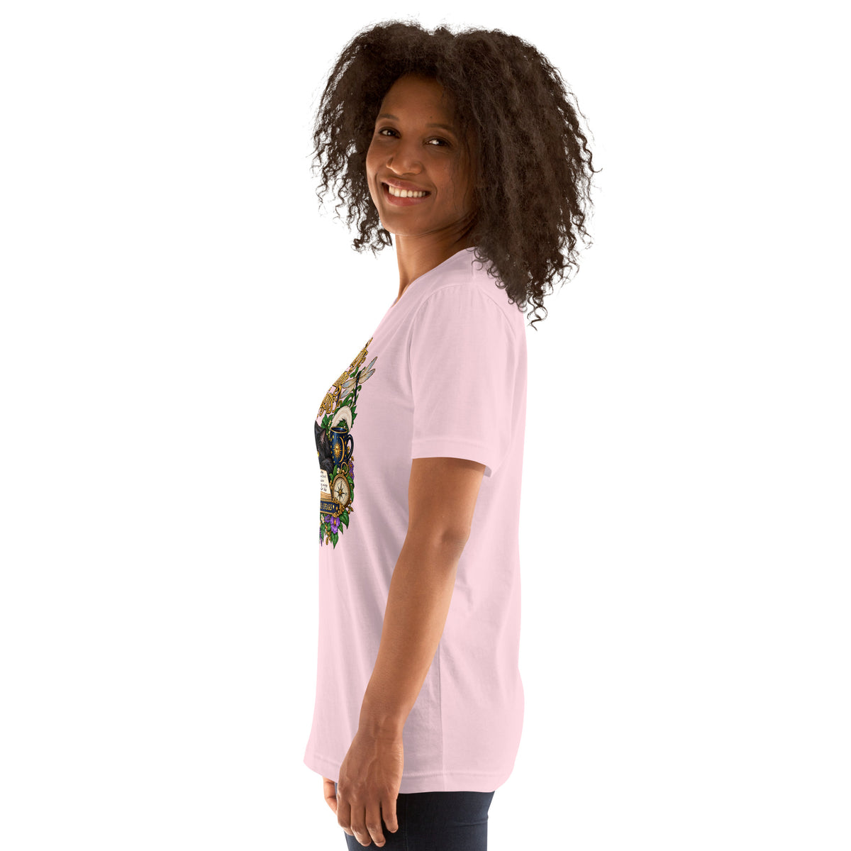 Currently Reading The Signs dark academia design, two black cats asleep over an open book beneath a crescent moon, on a soft pink unisex t-shirt, left side view