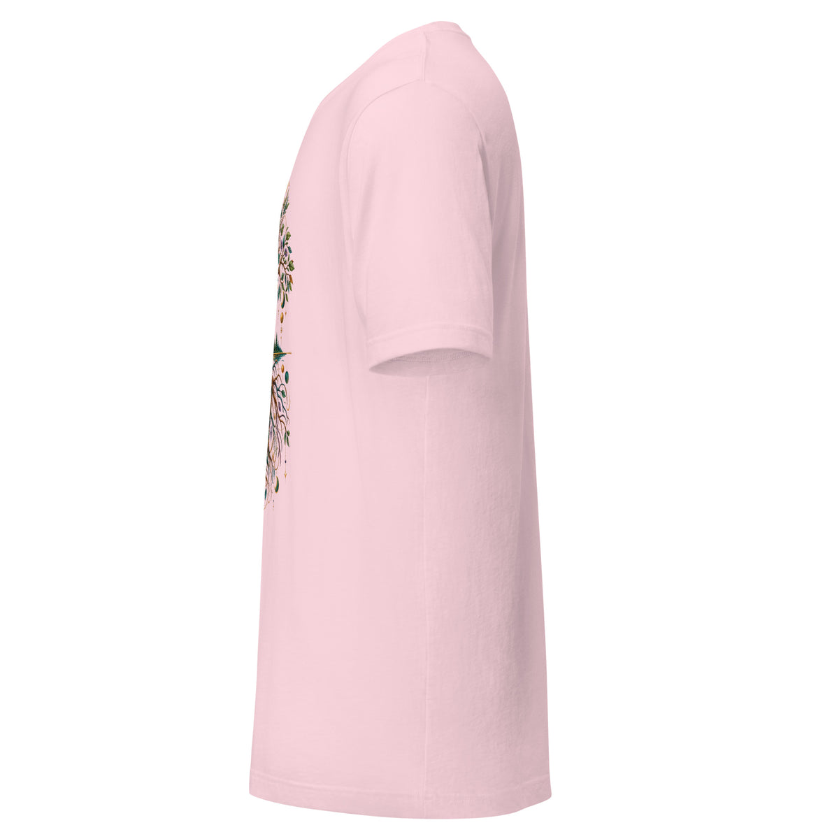 Grounded unisex t-shirt in soft pink, left side, showing the sleeve and side seam.
