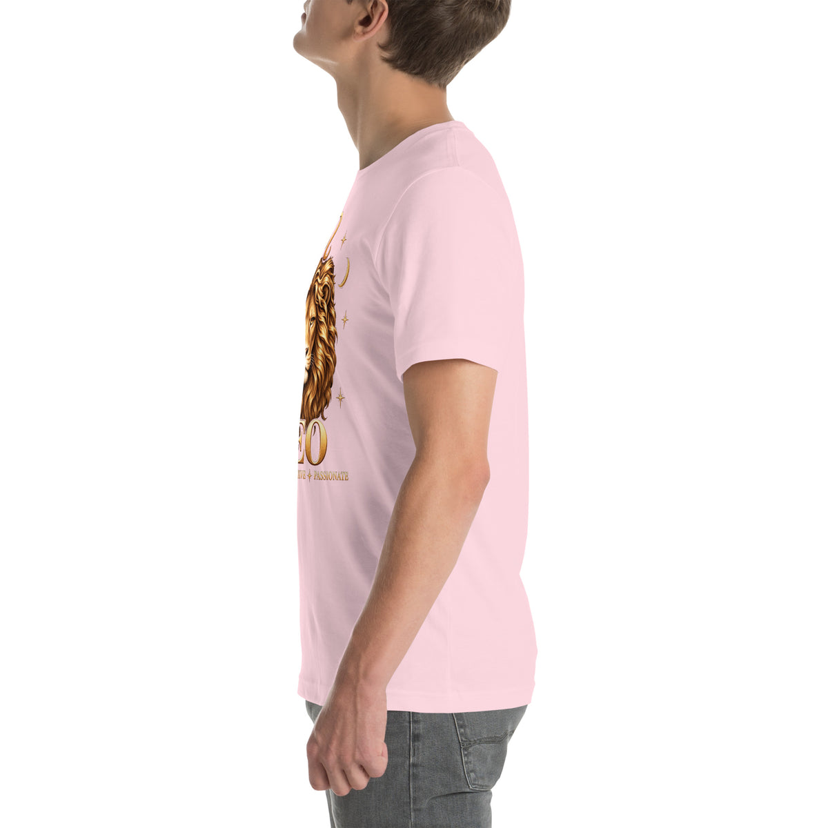 Leo zodiac t-shirt in soft pink, left side view