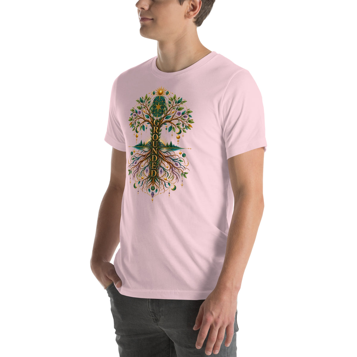 Grounded in Divine Energy design, on a soft pink unisex t-shirt, angled left front view