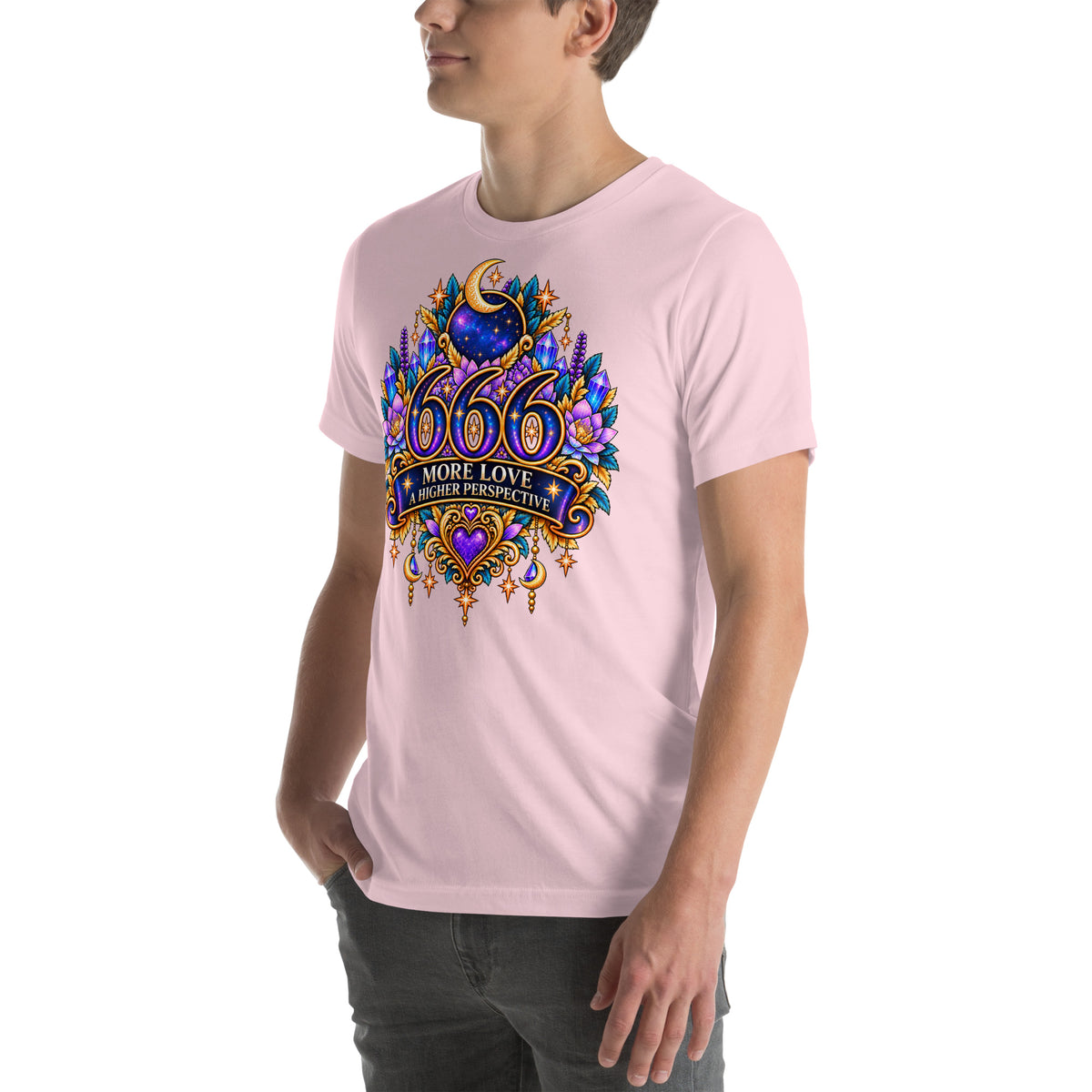 666 More Love angel number design, a crescent moon over a starry orb, with purple lotus flowers and blue crystals, on a soft pink unisex t-shirt, left front view