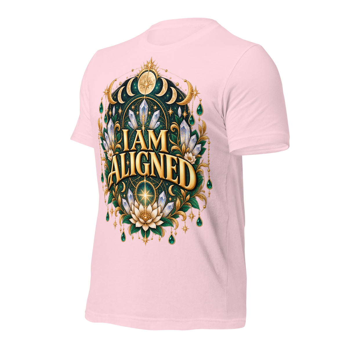 I Am Aligned affirmation design with a lotus, quartz and moon phases in gold, on a soft pink unisex t-shirt, angled left front view