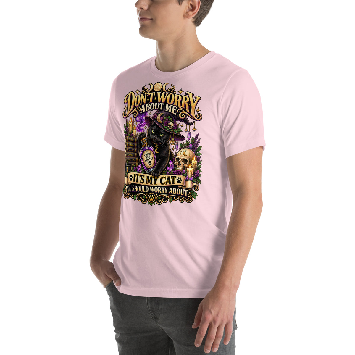 Model wearing a Soft Pink It's My Cat You Should Worry About t-shirt, left side view