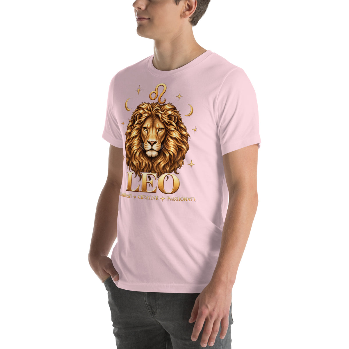 Leo zodiac t-shirt in soft pink, front view angled left