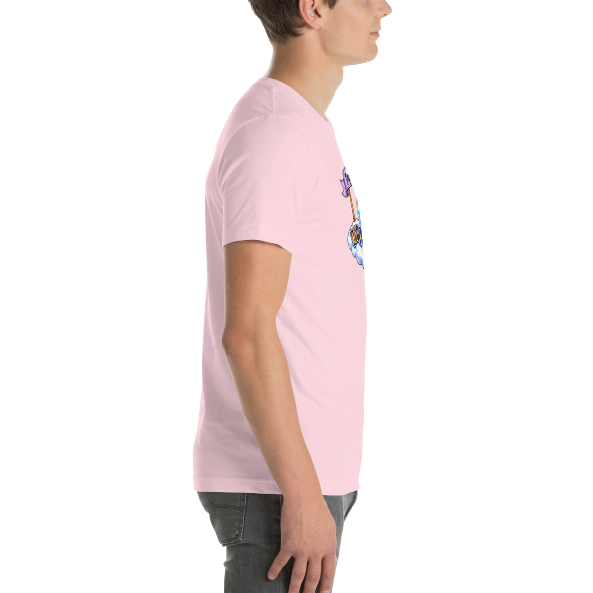 Psychic Is In design, playful floating clouds beneath a banner that reads Psychic Is Open for Business, on a soft pink unisex t-shirt, right side view