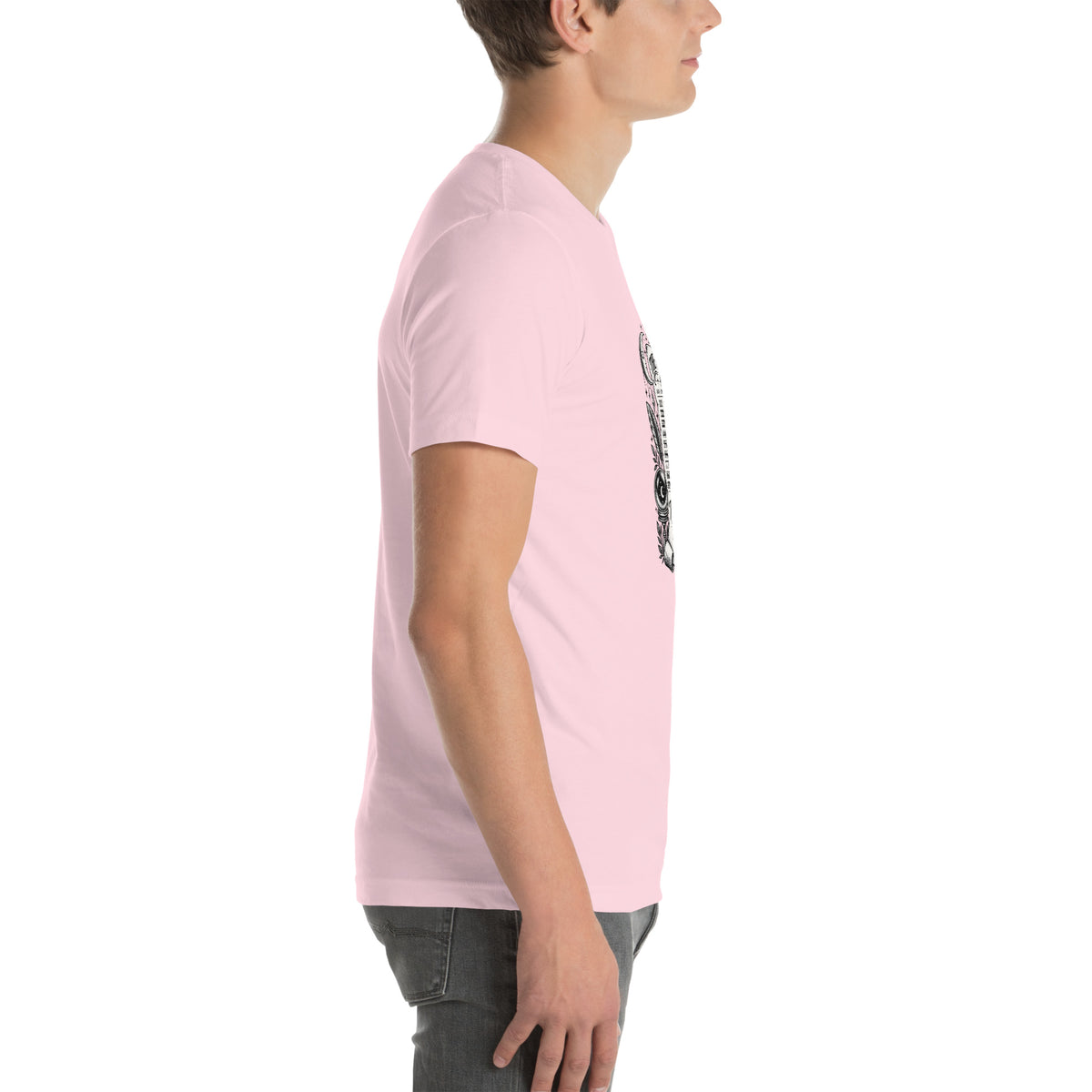 Trust the Signs design, a receipt from the Universe listing the angel numbers and their meanings, with a crystal ball and a candle, on a soft pink unisex t-shirt, right side view