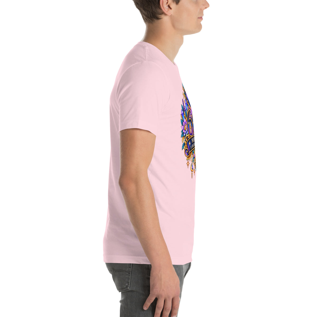 666 More Love angel number design, a crescent moon over a starry orb, with purple lotus flowers and blue crystals, on a soft pink unisex t-shirt, right side view