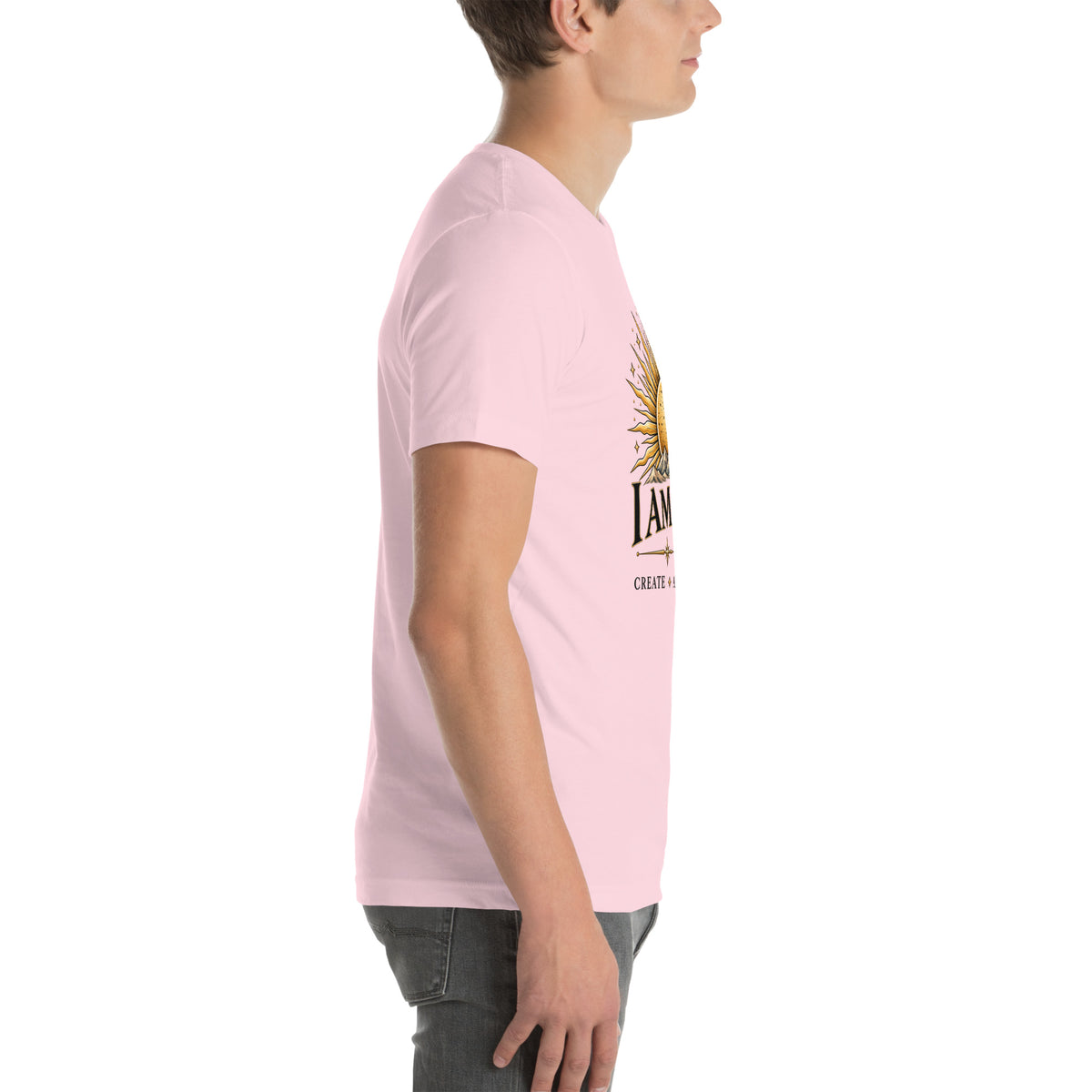 I Am Magic design with a gold sun face, Be Magical collection, on a soft pink unisex t-shirt, right side view