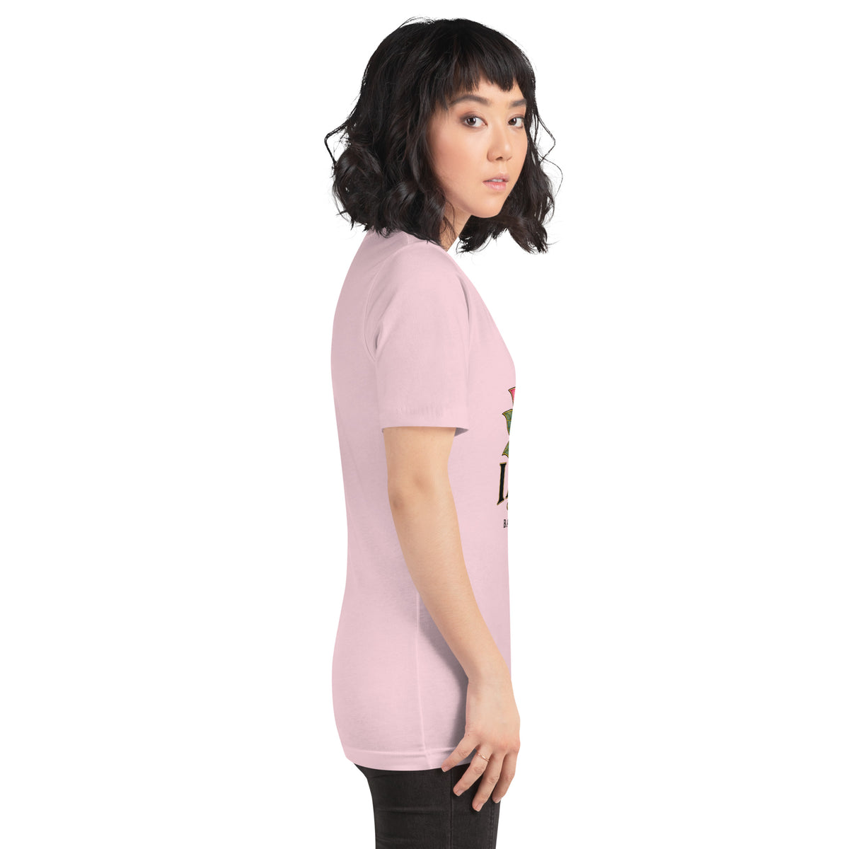 I Am Magic design with a gold lotus, Be Magical collection, on a soft pink unisex t-shirt, right side view