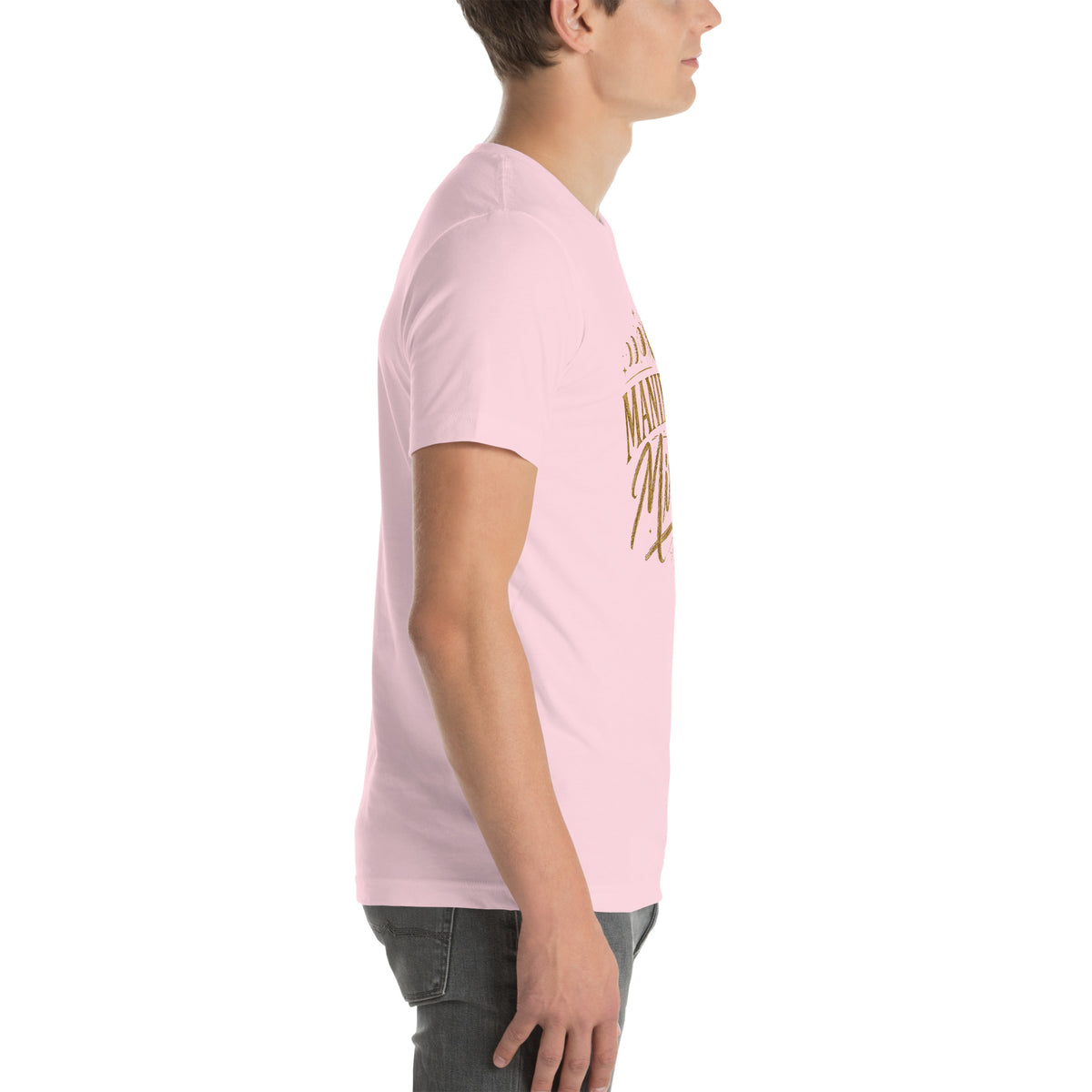 Manifesting Miracles design with moon phases in antique gold, on a soft pink unisex t-shirt, right side view