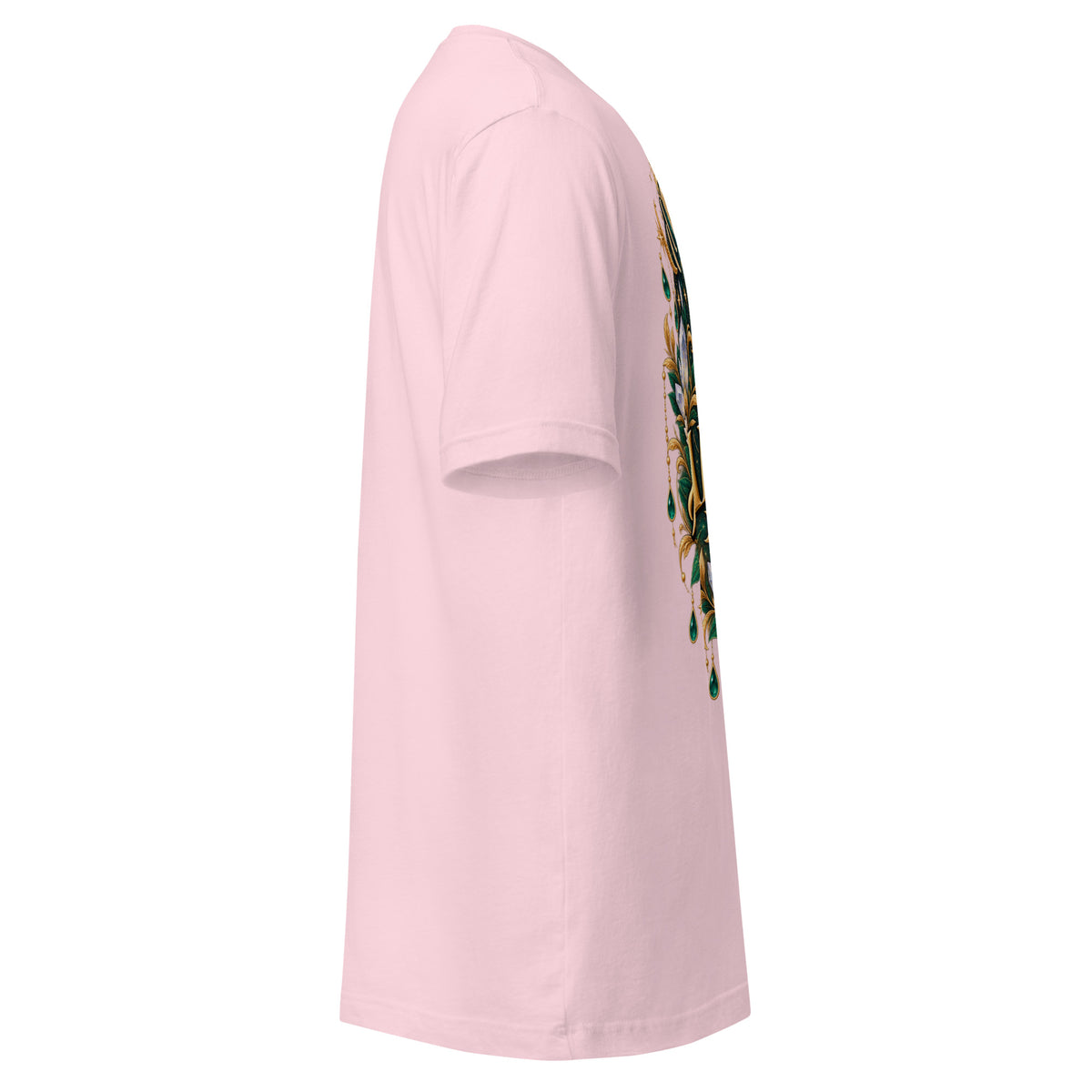 I Am Aligned affirmation design with a lotus, quartz and moon phases in gold, on a soft pink unisex t-shirt, right side view