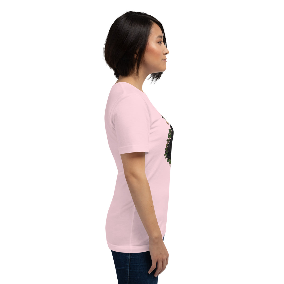 My Book Club Has A Coven Problem dark academia design, a witchy black cat and a stack of spellbooks, on a soft pink unisex t-shirt, right side view