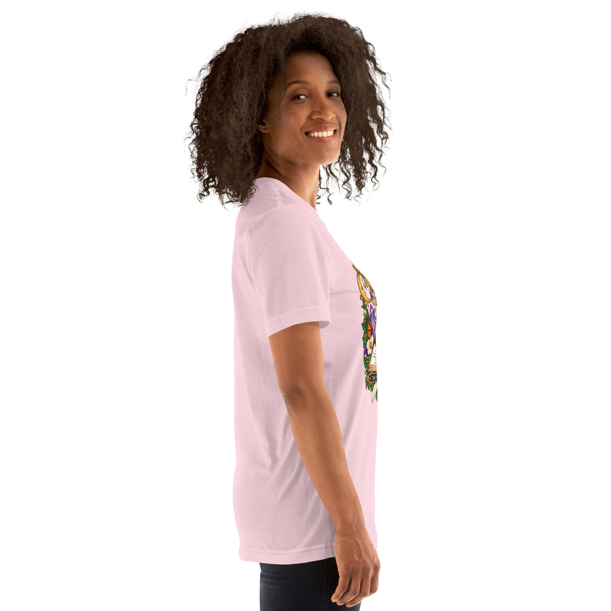 Currently Reading The Signs dark academia design, two black cats asleep over an open book beneath a crescent moon, on a soft pink unisex t-shirt, right side view