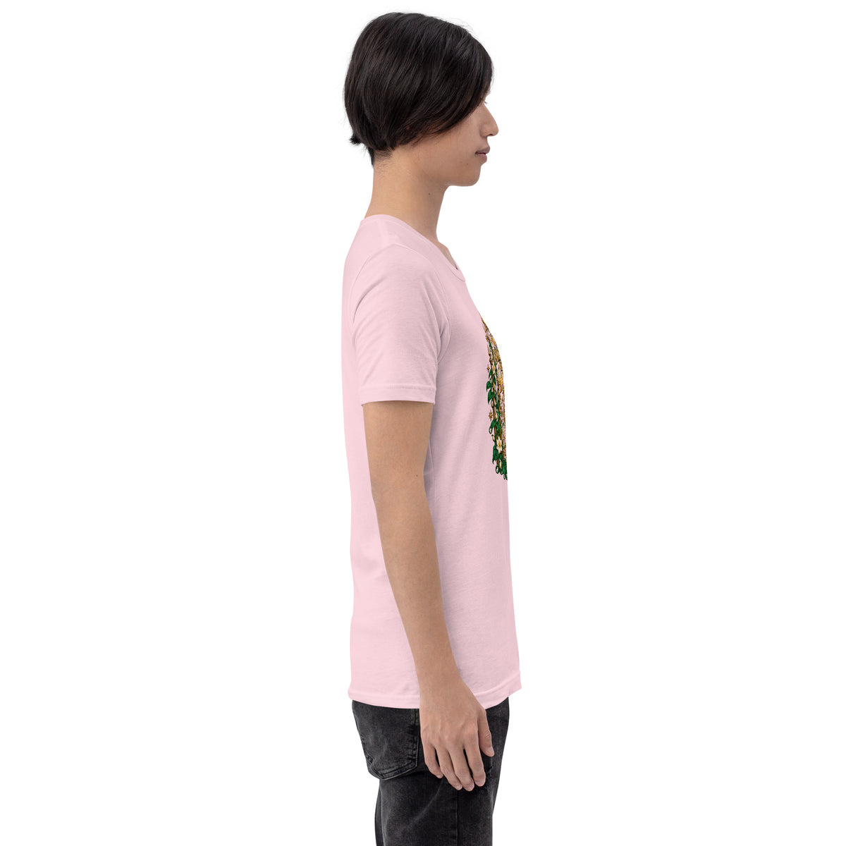 Not Everything Gets Access design, an ornate gold gate framed by ivy and white jasmine, on a soft pink unisex t-shirt, right side view