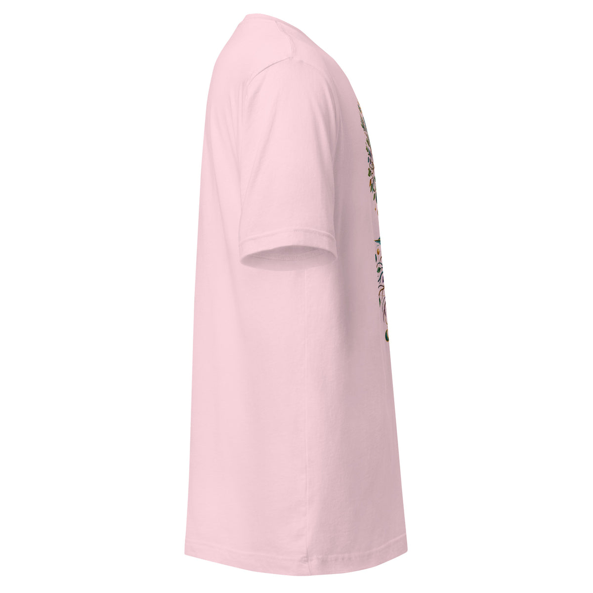 Grounded unisex t-shirt in soft pink, right side, showing the sleeve and shoulder taping.