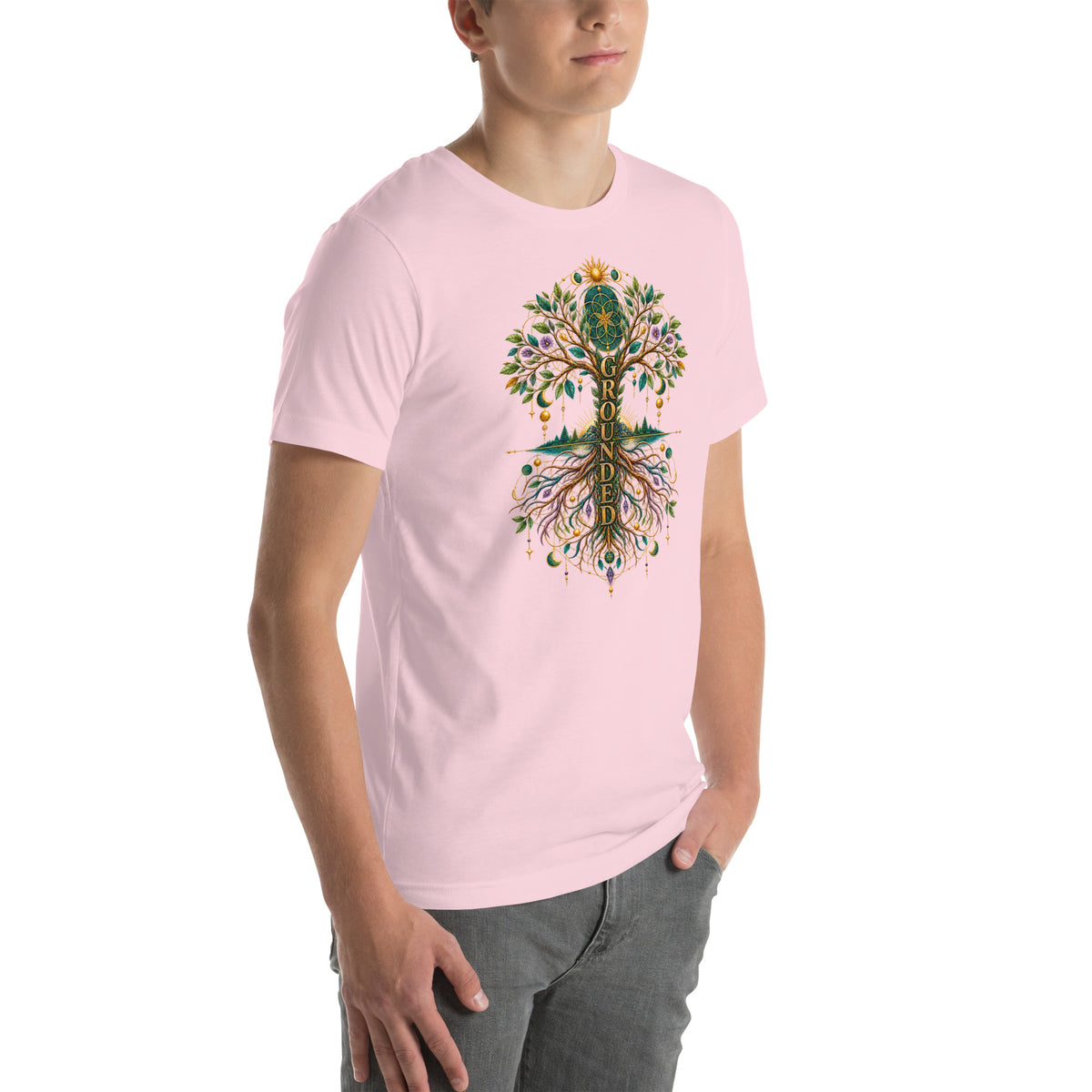 Grounded in Divine Energy design, on a soft pink unisex t-shirt, angled right front view