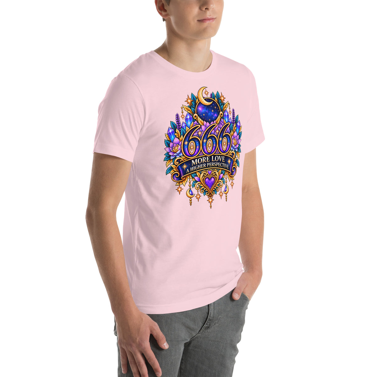 666 More Love angel number design, a crescent moon over a starry orb, with purple lotus flowers and blue crystals, on a soft pink unisex t-shirt, right front view