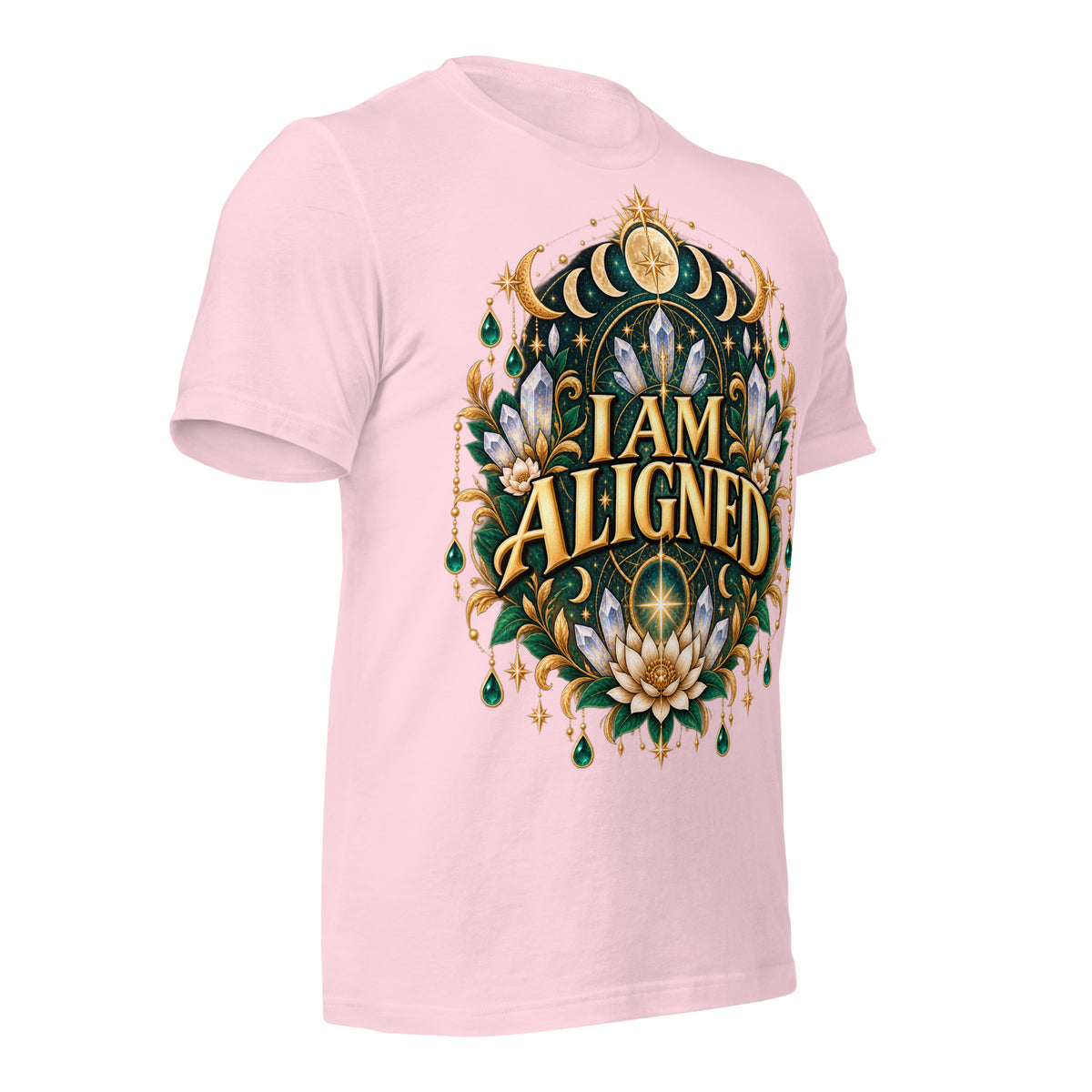 I Am Aligned affirmation design with a lotus, quartz and moon phases in gold, on a soft pink unisex t-shirt, angled right front view