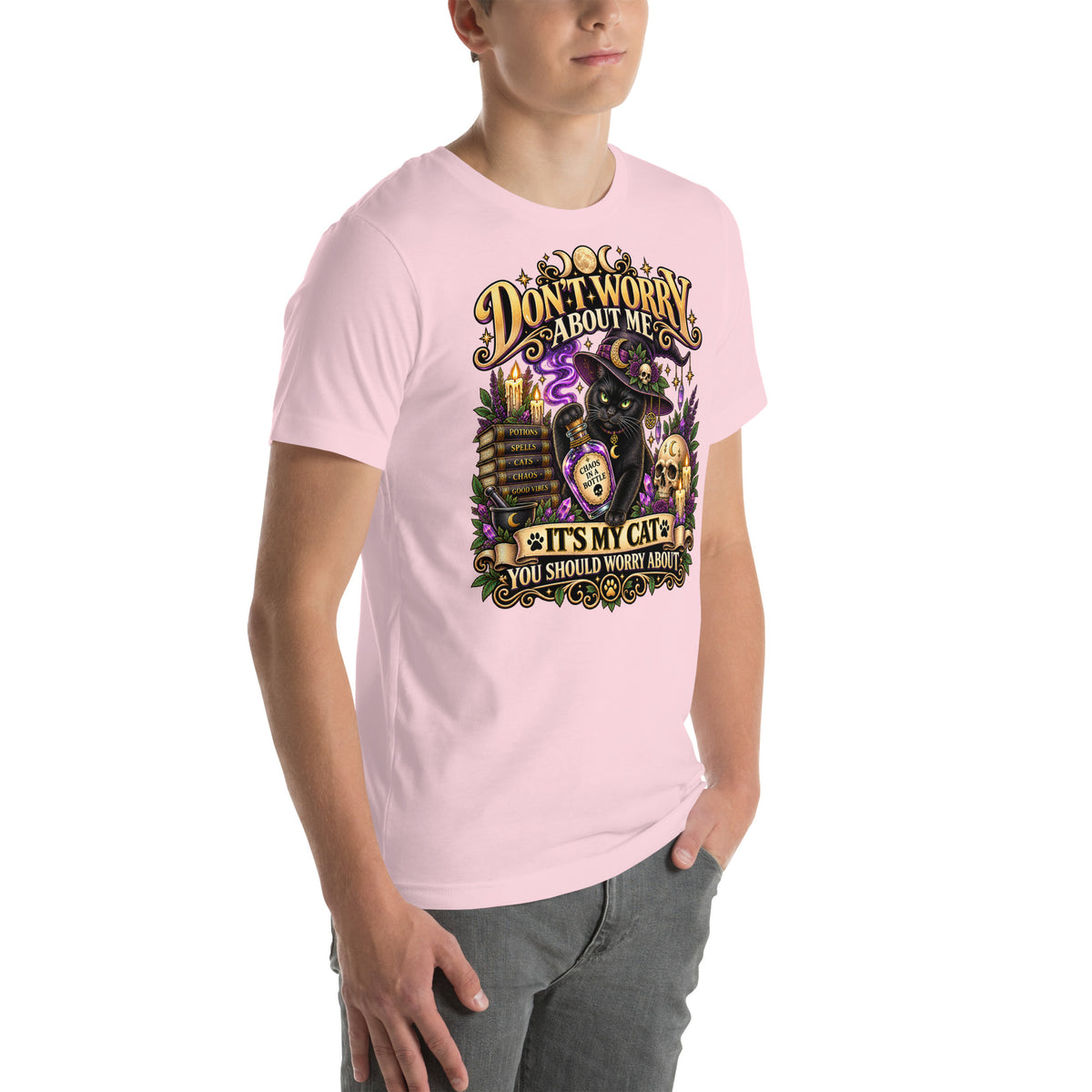 Model wearing a Soft Pink It's My Cat You Should Worry About t-shirt, right side view