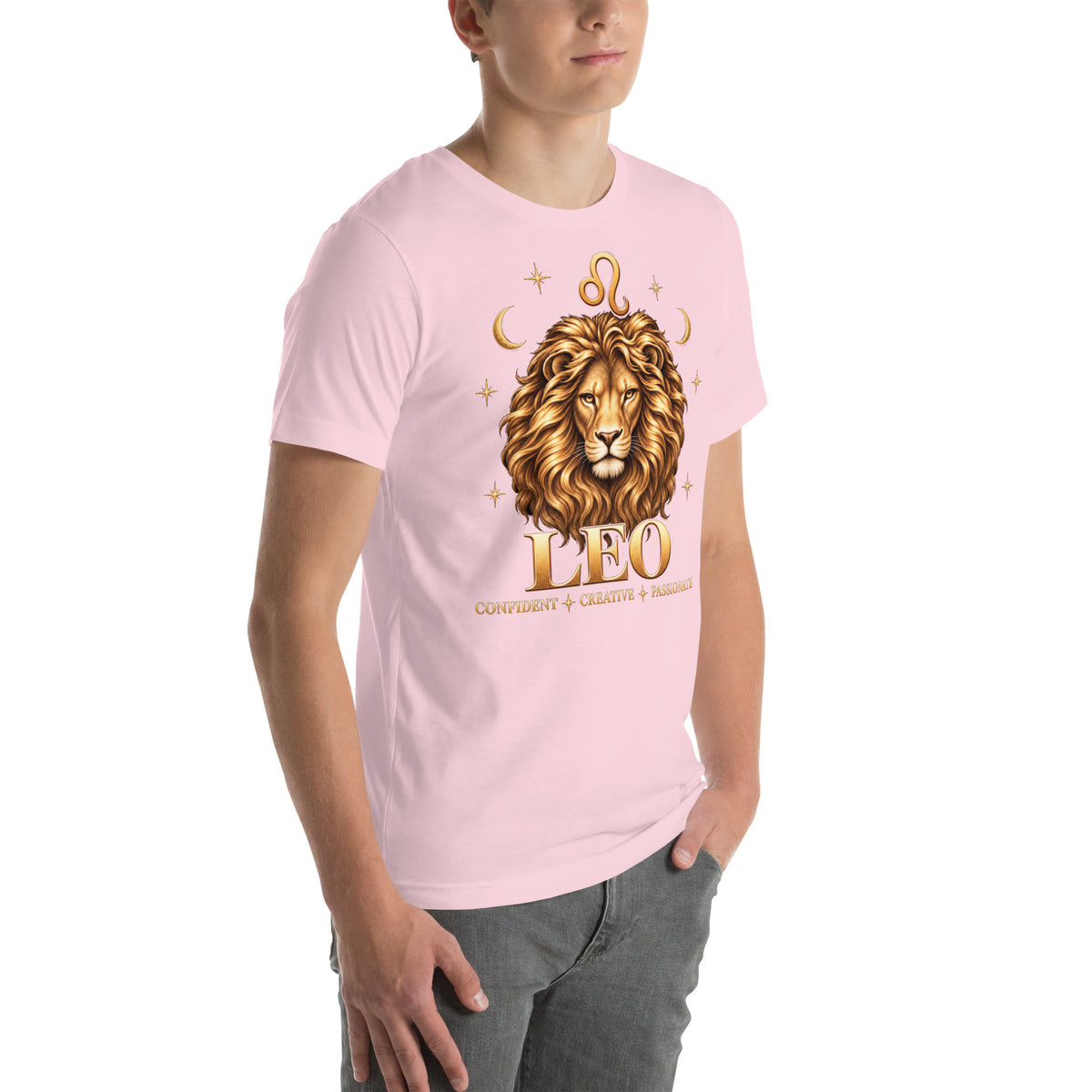 Leo zodiac t-shirt in soft pink, front view angled right