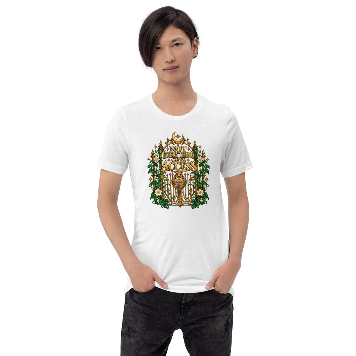 Not Everything Gets Access design, an ornate gold gate with a heart-shaped padlock, framed by ivy and white jasmine, on a solid white blend unisex t-shirt worn by a model, front view
