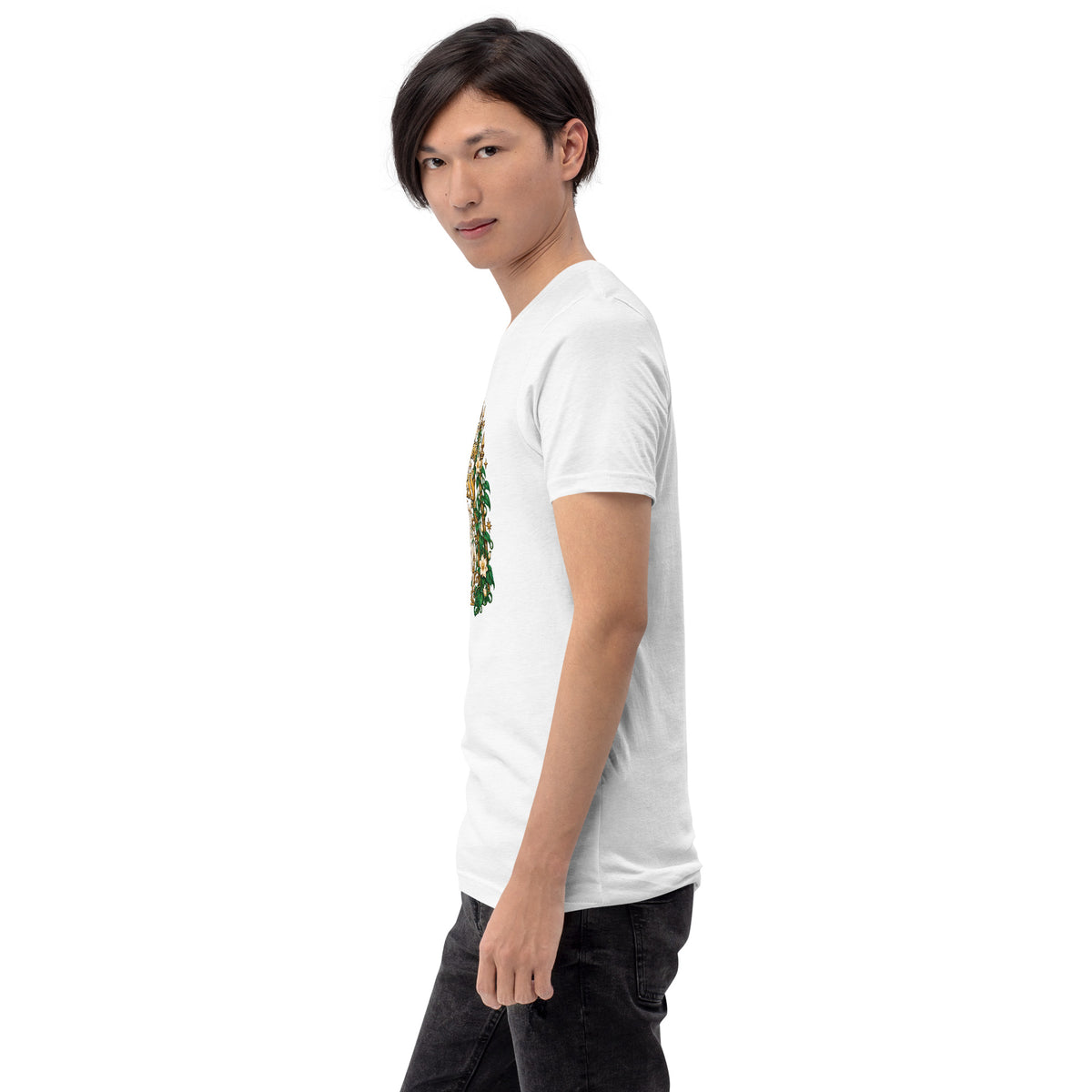 Not Everything Gets Access design, an ornate gold gate framed by ivy and white jasmine, on a solid white blend unisex t-shirt, left side view