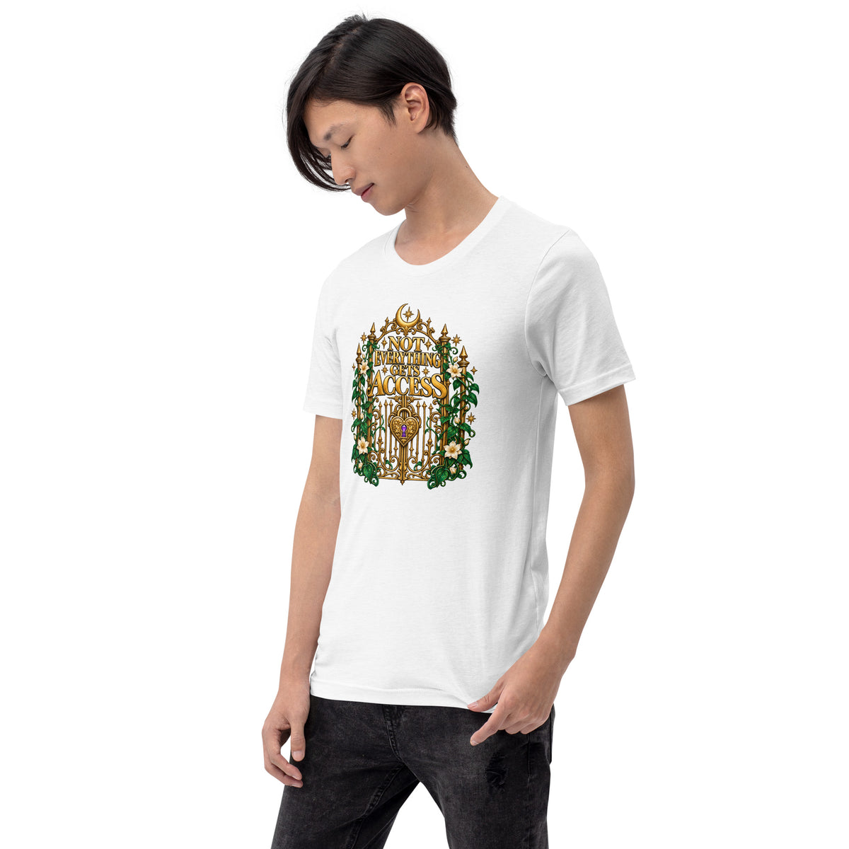 Not Everything Gets Access design, an ornate gold gate framed by ivy and white jasmine, on a solid white blend unisex t-shirt worn by a model, angled to the left