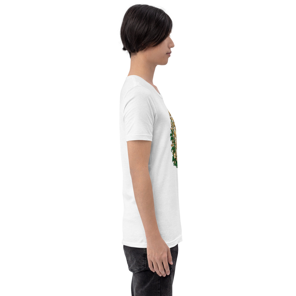 Not Everything Gets Access design, an ornate gold gate framed by ivy and white jasmine, on a solid white blend unisex t-shirt, right side view